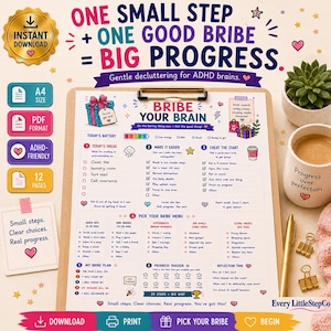May include: A printable ADHD-friendly task planner on a clipboard with the title Bribe Your Brain. The document includes sections for Today's Dread, Make It Easier, Cheat The Start, a Bribe Menu, a Progress Tracker, and Reflection Time.