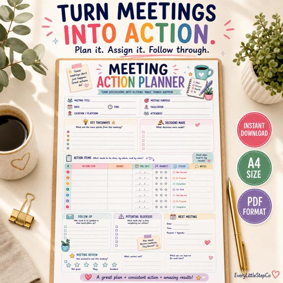 Meeting Action Planner Printable, Meeting Notes Template, Action Items Tracker, Meeting Agenda, Team Meeting Planner, A4 PDF