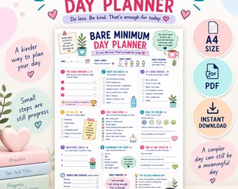 Bare Minimum Day Planner Printable, A4 PDF, Daily Planner for Low Energy Days, Simple Self Care & Priorities, Instant Download