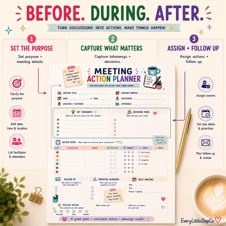 May include: A Meeting Action Planner sheet featuring sections for meeting title, purpose, date, time, location, attendees, key takeaways, decisions made, action items, follow-up, potential blockers, and next meeting details with colorful icons.