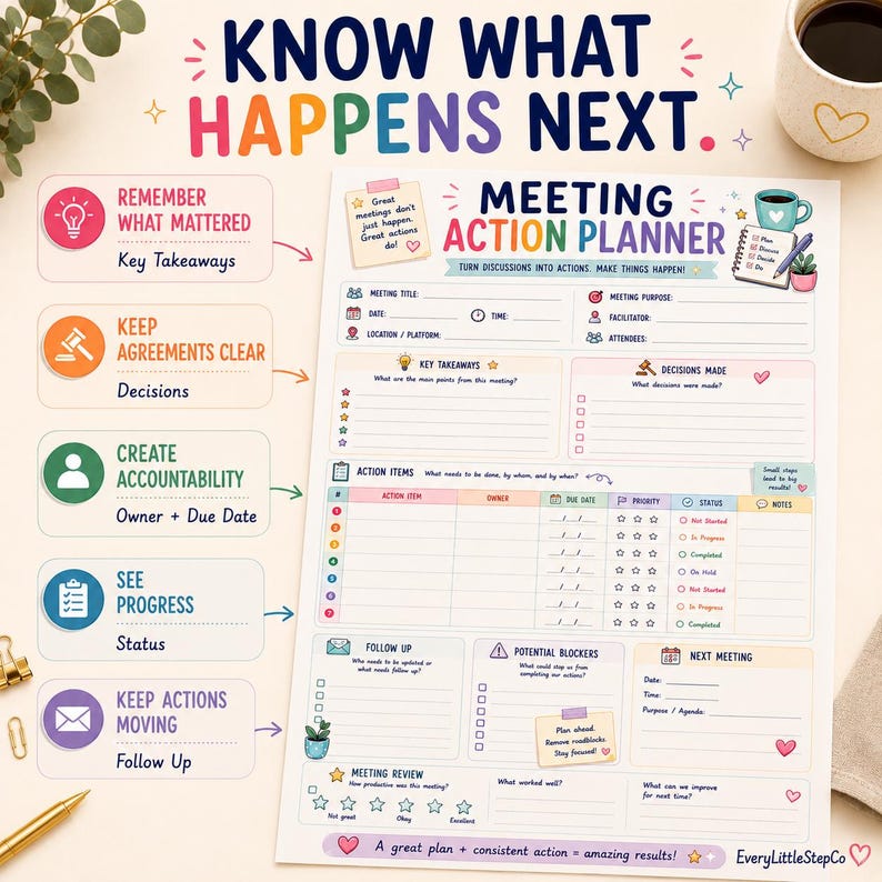May include: A Meeting Action Planner sheet featuring sections for key takeaways, decisions, action items with owner and due date columns, follow-up, potential blockers, and next meeting details. The colorful layout includes icons and text prompts.