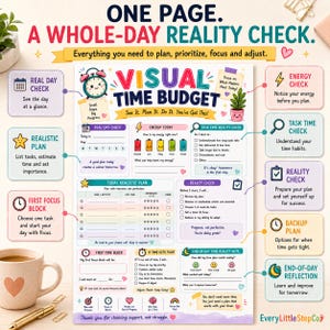 May include: A white paper planner titled Visual Time Budget with colorful sections for daily planning, energy tracking, and task management. It features icons like clocks, stars, and hearts, with text prompts for scheduling, reality checks, and end-of-day reflections.