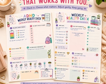 May include: Two printable planner pages titled ADHD Weekly Reality Check and Weekly Reality Check. The sheets feature colorful sections for energy tracking, weekly planning, focus goals, and self-reflection with illustrations of plants, cups, and icons.