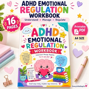 May include: A workbook titled ADHD Emotional Regulation Workbook with a colorful cover featuring a cartoon brain holding a heart, a checklist, and a stack of books. The cover includes text such as Understand, Manage, Regulate, and 16 Pages.