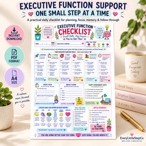 Utskrivbar checklista för exekutiva funktioner | ADHD-planerare i PDF-format | Arbetsblad för daglig fokus och organisation | A4-arkiv direktnedladdning