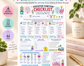 Checkliste für exekutive Funktionen (zum Ausdrucken) | ADHS-Planer (PDF) | Arbeitsblatt für tägliche Konzentration und Organisation | A4-Sofort-Download