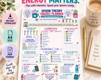 Spoon Theory Energy Planner Printable, Energy Management Planner, Spoon Theory Worksheet, Low Energy Day Planner, A4 PDF