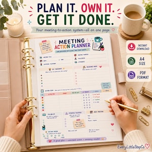 May include: A meeting action planner template printed on A4 paper, featuring sections for meeting title, purpose, key takeaways, decisions made, action items, follow-up, potential blockers, and next meeting details with colorful icons.