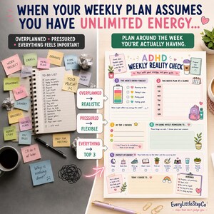 May include: A comparison graphic showing a cluttered to-do list with sticky notes on the left and an ADHD Weekly Reality Check planner on the right. The planner features sections for energy forecasting, weekly planning, top three focuses, and self-care habits.