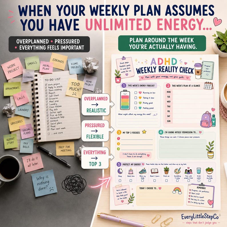 May include: A comparison graphic showing a cluttered to-do list with sticky notes on the left and an ADHD Weekly Reality Check planner on the right. The planner features sections for energy forecasting, weekly planning, top three focuses, and self-care habits.