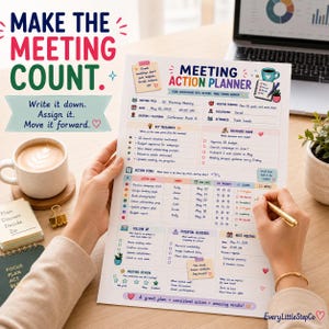 May include: A printed meeting action planner sheet featuring sections for key takeaways, decisions made, action items, follow-up, potential blockers, and next meeting details. The document includes colorful icons, text headers, and a grid for tracking tasks.