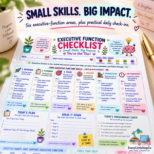 K&ouml;nnte beinhalten: Ein wei&szlig;es Blatt mit einer Checkliste f&uuml;r exekutive Funktionen, buntem Text und Illustrationen. Es enth&auml;lt Abschnitte f&uuml;r sechs Kernkompetenzen, Tagesplanung und Umgebungs-Checks mit &Uuml;berschriften wie Small Skills. Big Impact.