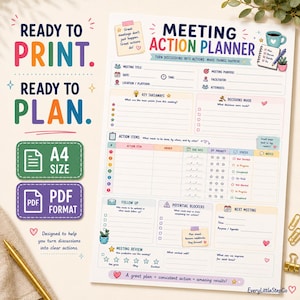 May include: A printable Meeting Action Planner document in A4 size and PDF format. The form includes sections for meeting title, purpose, key takeaways, decisions made, action items with status, follow-up, potential blockers, and next meeting details.