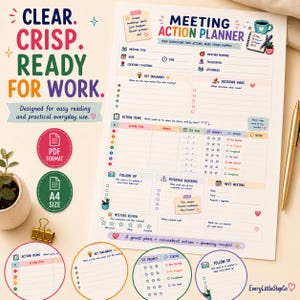 May include: A Meeting Action Planner document featuring sections for meeting title, date, purpose, key takeaways, decisions made, action items, follow-up, potential blockers, and next meeting. The page includes colorful icons and text.
