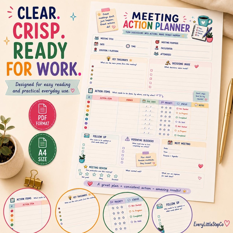 May include: A Meeting Action Planner document featuring sections for meeting title, date, purpose, key takeaways, decisions made, action items, follow-up, potential blockers, and next meeting. The page includes colorful icons and text.