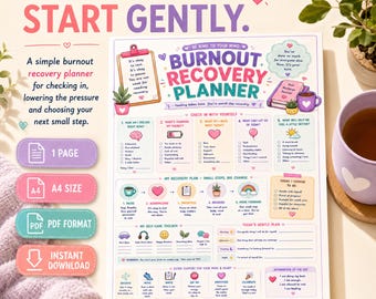 Burnout Recovery Planner Printable, Self Care Planner PDF, Gentle Daily Check In, A4 Instant Download