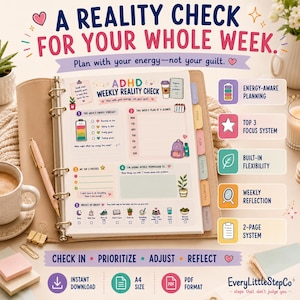 May include: A weekly planner insert titled ADHD WEEKLY REALITY CHECK with sections for energy forecasting, a weekly plan, top three focuses, and permission to rest. The page features colorful icons, checkboxes, and text prompts for energy-aware planning.