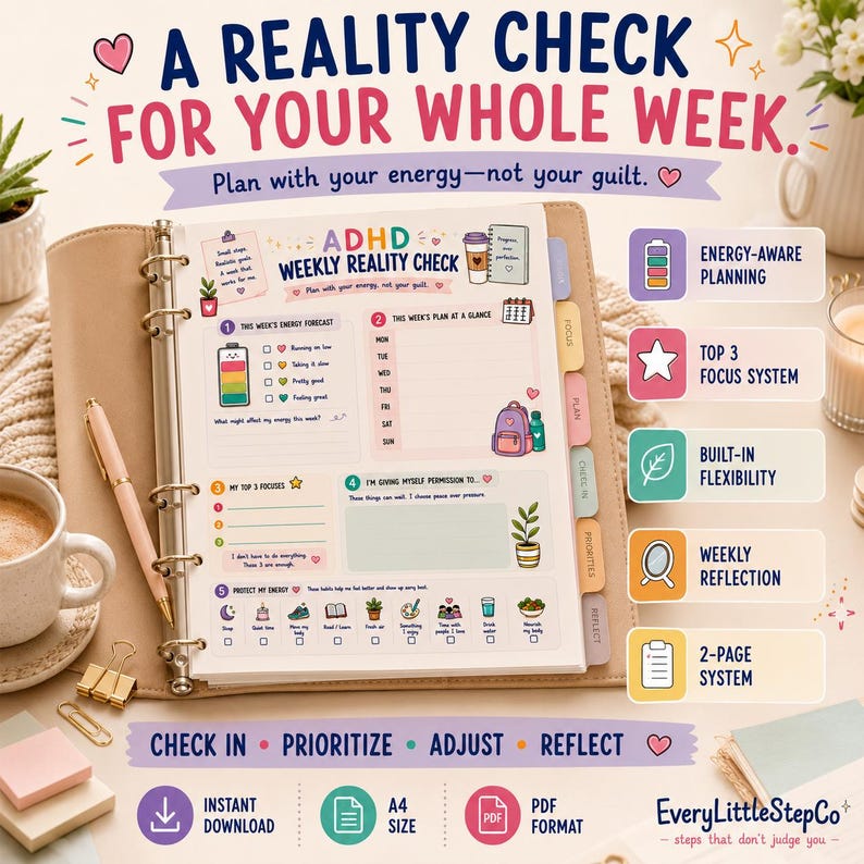 May include: A weekly planner insert titled ADHD WEEKLY REALITY CHECK with sections for energy forecasting, a weekly plan, top three focuses, and permission to rest. The page features colorful icons, checkboxes, and text prompts for energy-aware planning.