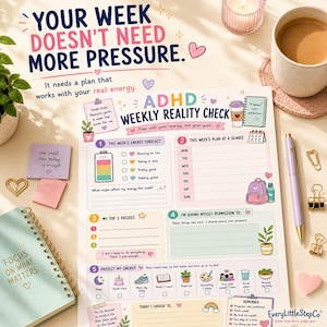 May include: A printed ADHD weekly reality check planner sheet featuring sections for energy forecasts, weekly plans, top focuses, and self-permission. The design includes pastel colors, icons of a battery, backpack, and plants, with text prompts for daily habits.