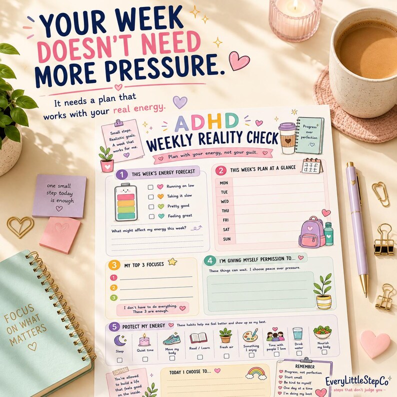 May include: A printed ADHD weekly reality check planner sheet featuring sections for energy forecasts, weekly plans, top focuses, and self-permission. The design includes pastel colors, icons of a battery, backpack, and plants, with text prompts for daily habits.
