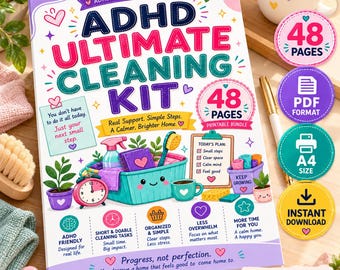 ADHD Cleaning Printable Bundle, 48 Page Home Reset Planner, Cleaning Checklists, A4 PDF Download
