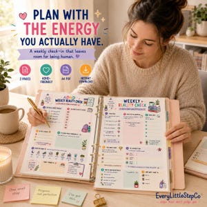 May include: A weekly planner insert titled ADHD Weekly Reality Check with sections for energy levels, weekly plans, top priorities, and reflections. The planner features colorful icons, checkboxes, and prompts for self-care, presented in an A4 PDF format.