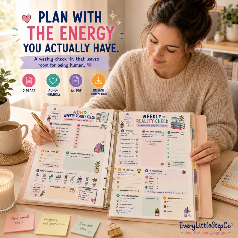May include: A weekly planner insert titled ADHD Weekly Reality Check with sections for energy levels, weekly plans, top priorities, and reflections. The planner features colorful icons, checkboxes, and prompts for self-care, presented in an A4 PDF format.