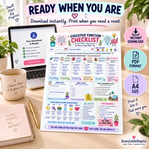K&ouml;nnte beinhalten: Ein ausdruckbares Checklisten-Dokument f&uuml;r exekutive Funktionen mit farbigen Abschnitten f&uuml;r Planung, Ged&auml;chtnis und Organisation. Die Seite enth&auml;lt Text&uuml;berschriften, Kontrollk&auml;stchen sowie Illustrationen von Pflanzen und einem Gehirn zur t&auml;glichen Aufgabenverfolgung.