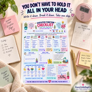 K&ouml;nnte beinhalten: Ein Executive-Function-Checklisten-Blatt mit farbigen Abschnitten, Symbolen und dem Text 'YOU DON'T HAVE TO HOLD IT ALL IN YOUR HEAD'. Es enth&auml;lt Tagesplanungen, Gewohnheits-Tracker und sanfte Erinnerungen, umgeben von Haftnotizen und einem Timer.