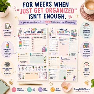 May include: Two pages of a weekly planner titled ADHD Weekly Reality Check and Weekly Reality Check. The pages feature pastel-colored sections for energy tracking, weekly goals, and reflections, with icons of plants, books, and hearts.