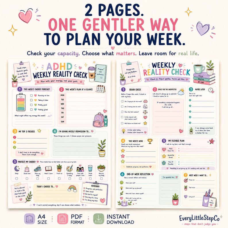 May include: Two printable planner pages titled ADHD Weekly Reality Check and Weekly Reality Check. The layouts feature pastel-colored sections for energy tracking, weekly goals, brain checks, and reflections, decorated with small icons like hearts, plants, and coffee cups.