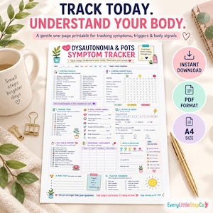 May include: A Dysautonomia and POTS symptom tracker printable sheet featuring sections for symptom checklists, severity scales, vitals, activity, energy, medication, and self-care. The document includes colourful icons, text prompts, and a daily reflection area.