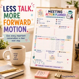 May include: A Meeting Action Planner clipboard with colorful sections for meeting details, key takeaways, decisions, and action items. Beside it sits a beige mug with the text Focus Plan Act Repeat, a gold pen, and a pink sticky note with text.