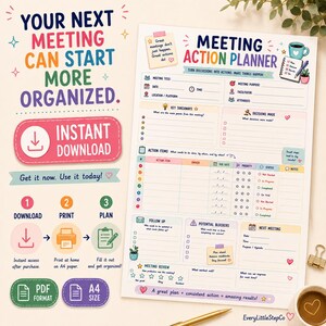 May include: A digital meeting action planner template featuring sections for meeting details, key takeaways, decisions, action items, follow-up, potential blockers, and next meeting. The document includes colorful icons, text prompts, and a checklist format.