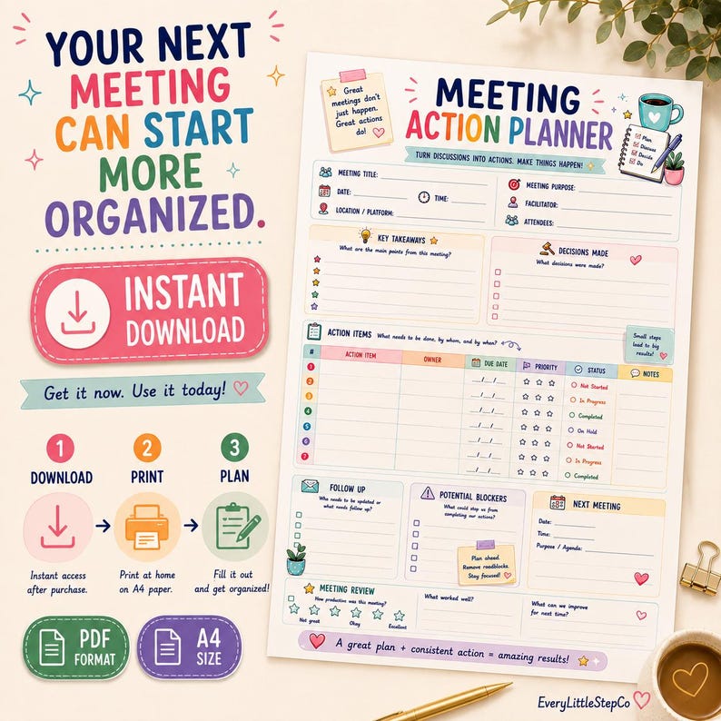 May include: A digital meeting action planner template featuring sections for meeting details, key takeaways, decisions, action items, follow-up, potential blockers, and next meeting. The document includes colorful icons, text prompts, and a checklist format.