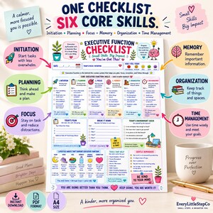 K&ouml;nnte beinhalten: Ein wei&szlig;er Papier-Checklisten-Bogen f&uuml;r exekutive Funktionen mit bunten &Uuml;berschriften und Symbolen. Der Text enth&auml;lt One Checklist. Six Core Skills. Initiation, Planning, Focus, Memory, Organization, Time Management. Er bietet Abschnitte f&uuml;r Tagespl&auml;ne, Gewohnheiten und Erinnerungen.