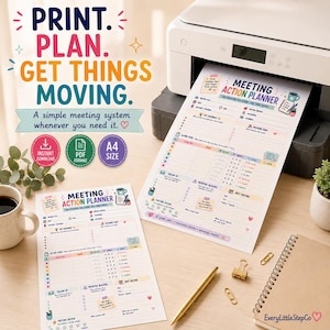 May include: A white printer outputting a Meeting Action Planner sheet in A4 size. The planner features sections for meeting details, key takeaways, decisions made, action items, follow-up, potential blockers, and next meeting notes with colorful icons.