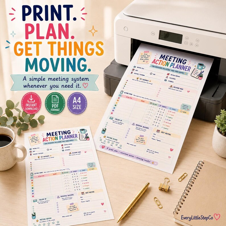 May include: A white printer outputting a Meeting Action Planner sheet in A4 size. The planner features sections for meeting details, key takeaways, decisions made, action items, follow-up, potential blockers, and next meeting notes with colorful icons.