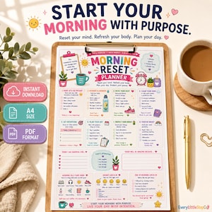 May include: A Morning Reset Planner on a clipboard with a gold pen and coffee mug. The planner features sections for daily intentions, gratitude, affirmations, and self-care checklists with colorful icons and text including Start Your Morning With Purpose.
