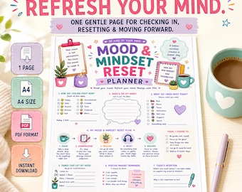 Mood & Mindset Reset Planner, Mood Reset Printable, Mindset Check-In Worksheet, Self Care PDF, A4 Instant Download