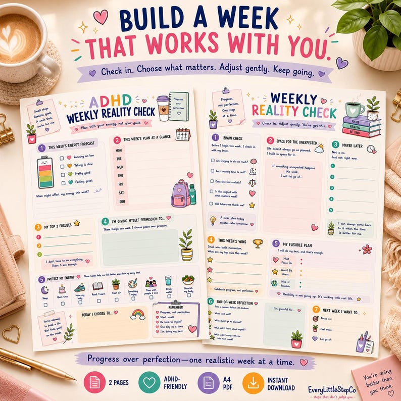 May include: Two printable planner pages titled ADHD Weekly Reality Check and Weekly Reality Check. The sheets feature colorful sections for energy tracking, weekly planning, focus goals, and self-reflection with illustrations of plants, cups, and icons.