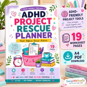 May include: A colorful ADHD Project Rescue Planner printable with a pink basket, alarm clock, and books. The cover features text including ADHD Project Rescue Planner, Reset. Refocus. Rescue. Achieve., and 19 pages. Includes A4 PDF download details.