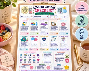 Low Energy Day Checklist Printable, Self Care Planner PDF, Rest Day Checklist, Gentle Routine, A4 Digital Download