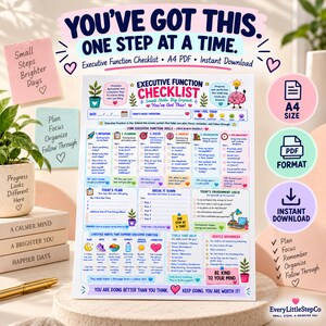 K&ouml;nnte beinhalten: Eine A4-Checkliste f&uuml;r exekutive Funktionen mit farbigen &Uuml;berschriften, Abschnitten f&uuml;r die Tagesplanung, Gewohnheitsverfolgung und sanften Erinnerungen. Der Text enth&auml;lt 'You've Got This. One Step At A Time' und 'Executive Function Checklist'.