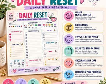 May include: A Daily Reset planner page featuring sections for date, mood, schedule, top priorities, task list, and self-care. The design includes colorful icons, text prompts, and a list of benefits like clearing mental clutter and building focus. The layout is organized with headings and checkboxes for daily tracking.
