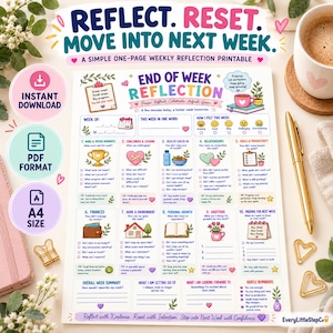 Könnte beinhalten: Ein druckbares wöchentliches Reflexionsblatt mit dem Titel End of Week Reflection mit Abschnitten für Erfolge, Herausforderungen, Gesundheit, Beziehungen, Ziele, Finanzen, Zuhause, persönliches Wachstum, Dankbarkeit und Planung, mit bunten Symbolen.