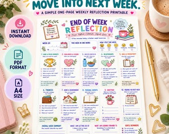 End of Week Reflection Printable, Weekly Reflection Worksheet, Weekly Reset Planner, A4 PDF Instant Download