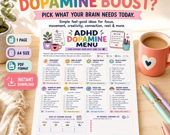 ADHD Dopamine Menu Printable, ADHD Motivation Planner, Focus & Reset Activity Menu