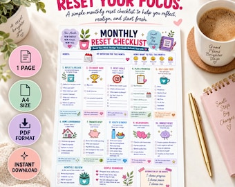 Monthly Reset Planner, A4 Printable PDF, One-Page Monthly Checklist