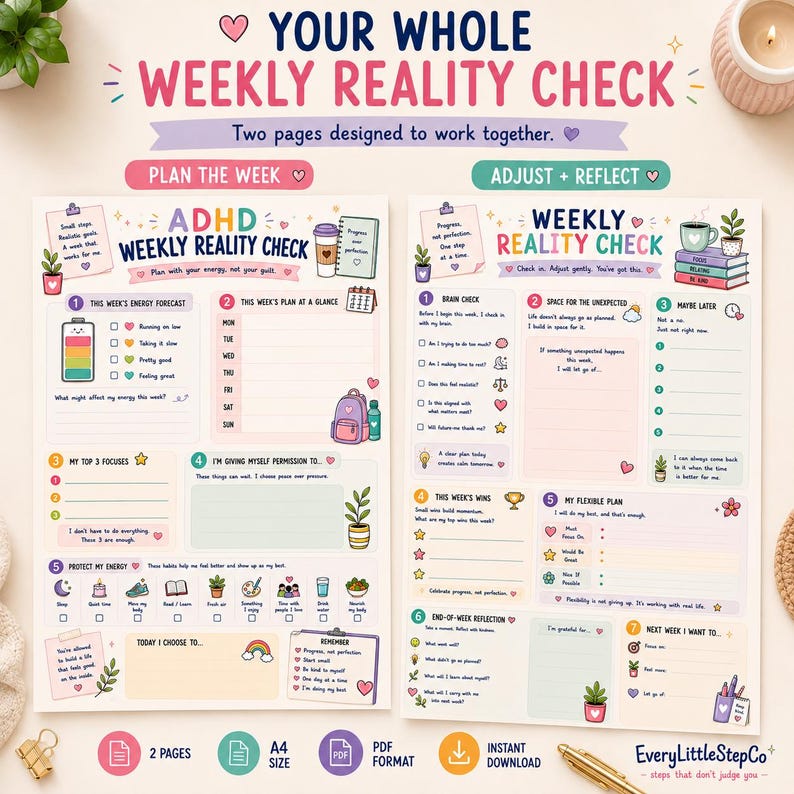 May include: Two printable planner pages titled Your Whole Weekly Reality Check. The left page features sections for energy tracking, weekly planning, and self-care habits. The right page includes reflection prompts, win tracking, and flexible planning sections.